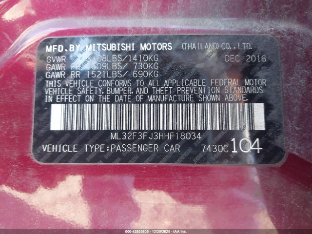 2017 MITSUBISHI MIRAGE G4 ML32F3FJ3HHF18034 Photo 8