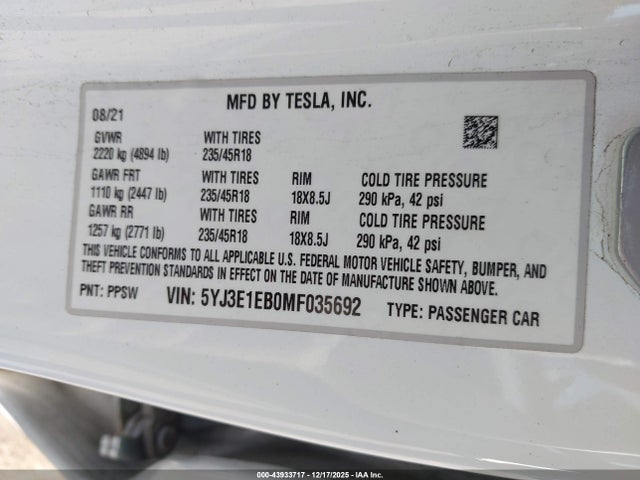 2021 TESLA MODEL 3 5YJ3E1EB0MF035692 Photo 8