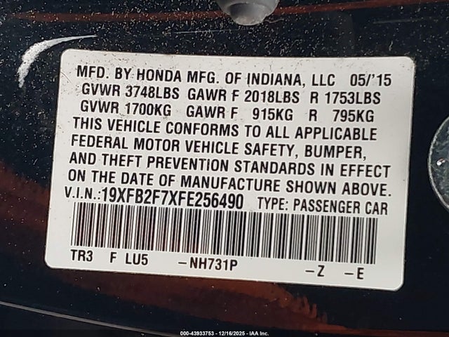 Honda CIVIC SE 2015 19XFB2F7XFE256490 Image 9