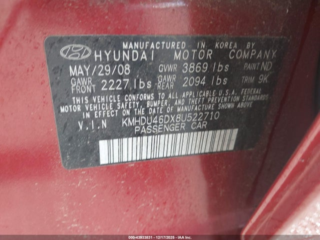 Aukcja sprzedaży 2008 Hyundai Elantra Gls/se, vin: KMHDU46DX8U522710, numer aukcji: 43933831