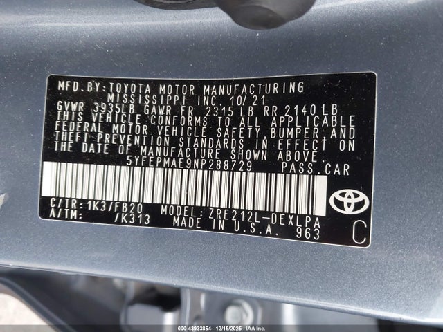 43933854 :رقم المزاد ، 5YFEPMAE9NP288729 vin ، 2022 Toyota Corolla Le مزاد بيع