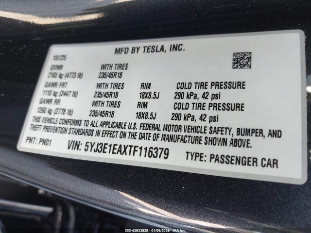 43933928 :رقم المزاد ، 5YJ3E1EAXTF116379 vin ، 2026 Tesla Model 3 Premium Rear-wheel Drive مزاد بيع