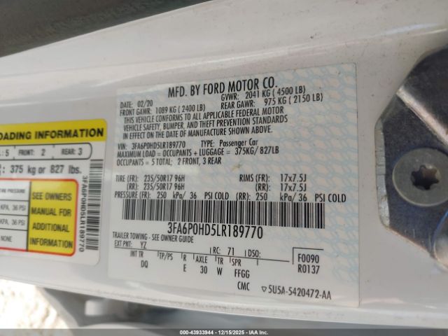 2020 FORD FUSION 3FA6P0HD5LR189770 Photo 8