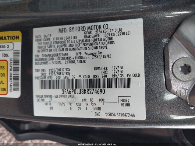 3FA6P0LU8KR274690 Ford Fusion Hybrid Se