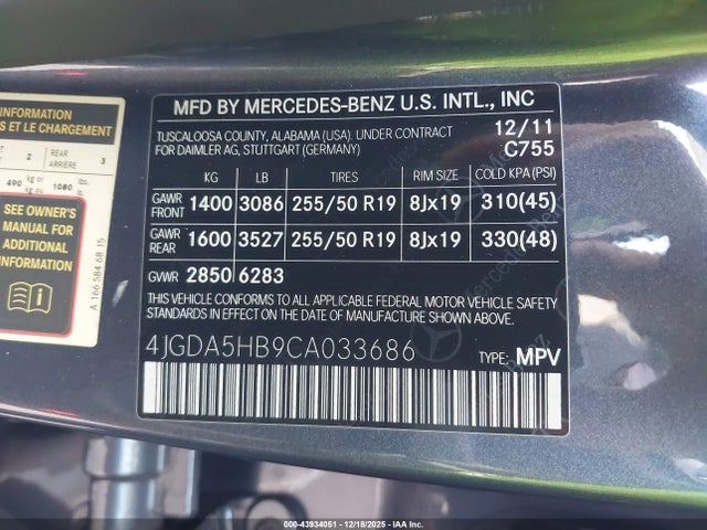 Продаж на аукціоні авто 2012 Mercedes-benz Ml 350 4matic, vin: 4JGDA5HB9CA033686, номер лоту: 43934051