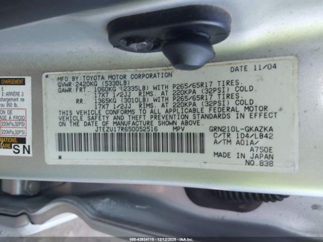 2005 TOYOTA 4RUNNER JTEZU17R650052516 Photo 8