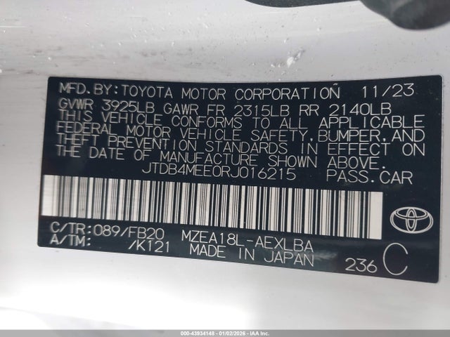 JTDB4MEE0RJ016215 Toyota COROLLA LE