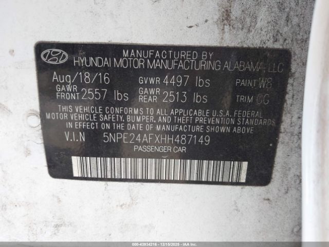 2017 HYUNDAI SONATA 5NPE24AFXHH487149 Photo 8