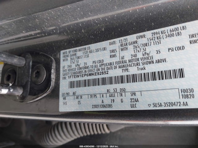 Aukcja sprzedaży 2021 Ford F-150 Xl, vin: 1FTEW1EP6MKE92852, numer aukcji: 43934260