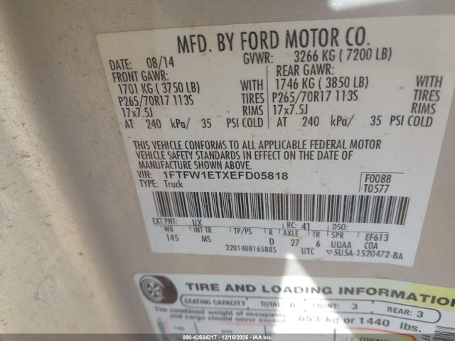 Продажа на аукционе авто 2014 Ford F-150 Xlt, vin: 1FTFW1ETXEFD05818, номер лота: 43934317