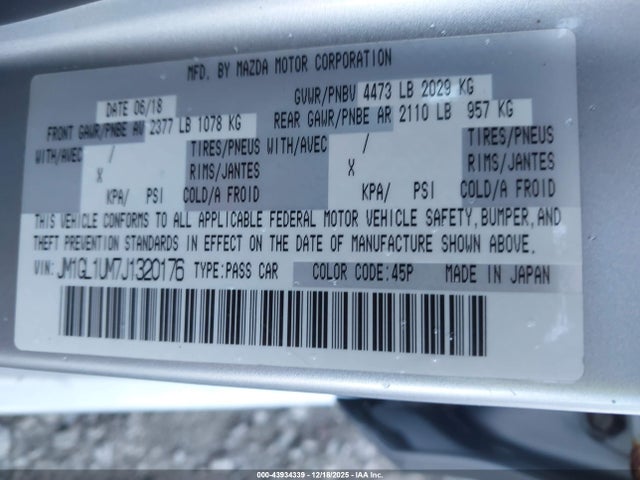 2018 Mazda Mazda6 Sport მანქანა იყიდება აუქციონზე, vin: JM1GL1UM7J1320176, აუქციონის ნომერი: 43934339