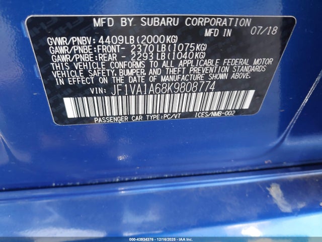 Subaru WRX 2019 JF1VA1A68K9808774 Image 9
