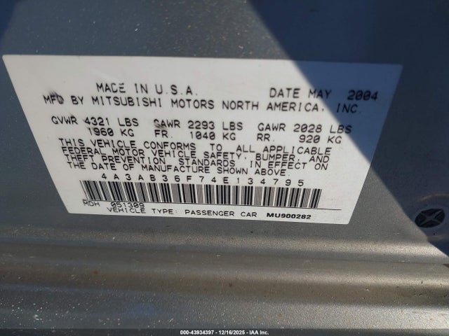 2004 MITSUBISHI GALANT 4A3AB36F74E134795 Photo 8