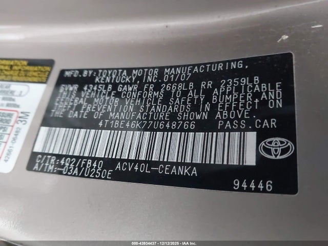 43934437 :رقم المزاد ، 4T1BE46K77U648766 vin ، 2007 Toyota Camry Le مزاد بيع