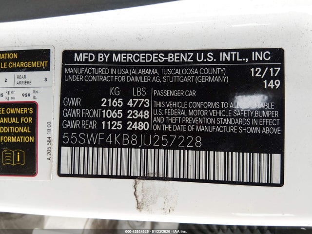 Aukcja sprzedaży 2018 Mercedes-benz C 300 4matic, vin: 55SWF4KB8JU257228, numer aukcji: 43934525