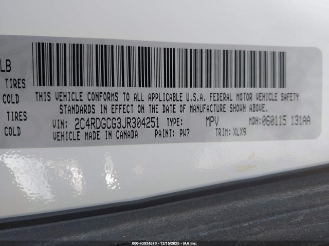 Продаж на аукціоні авто 2018 Dodge Grand Caravan Sxt, vin: 2C4RDGCG3JR304251, номер лоту: 43934570