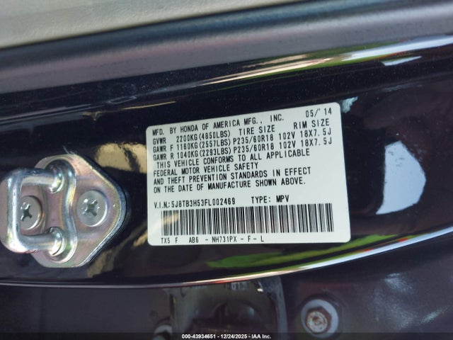 43934651 :رقم المزاد ، 5J8TB3H53FL002469 vin ، 2015 Acura Rdx مزاد بيع