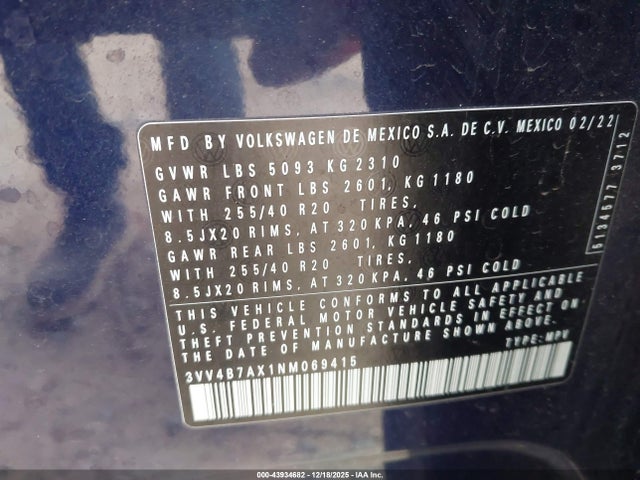 2022 VOLKSWAGEN TIGUAN 3VV4B7AX1NM069415 Photo 8