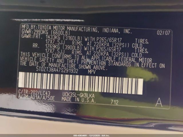 2007 TOYOTA SEQUOIA 5TDZT38A47S291932 Photo 8