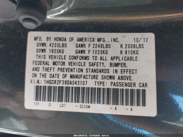 Продаж на аукціоні авто 2013 Honda Accord Lx, vin: 1HGCR2F39DA043107, номер лоту: 43934722
