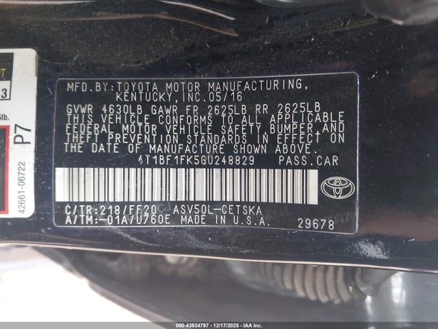 Aukcja sprzedaży 2016 Toyota Camry Se, vin: 4T1BF1FK5GU248829, numer aukcji: 43934797