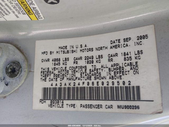 2006 MITSUBISHI ECLIPSE 4A3AK24F06E029502 Photo 8