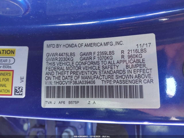 Honda Accord Sport 2018 1HGCV1F38JA039406 Image 9