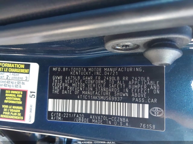 4T1C11AK5MU569937 Toyota CAMRY LE