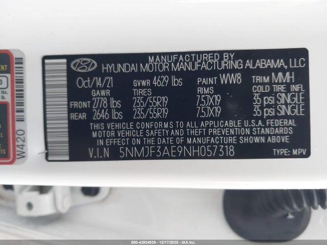 5NMJF3AE9NH057318 Hyundai TUCSON SEL