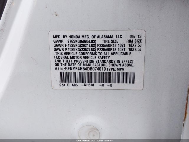 2013 HONDA PILOT 5FNYF4H54DB074019 Photo 8