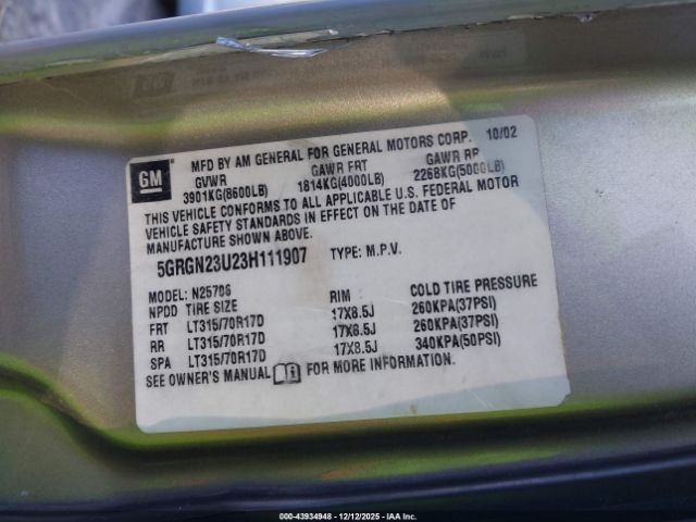 2003 HUMMER H2 5GRGN23U23H111907 Photo 8