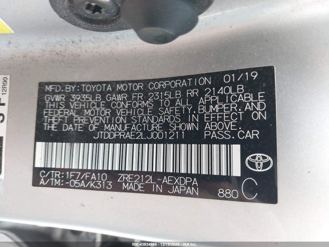 JTDDPRAE2LJ001211 Toyota COROLLA L