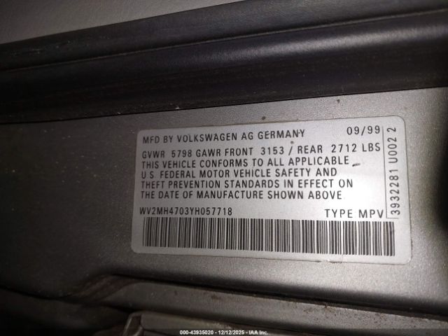 2000 VOLKSWAGEN EUROVAN WV2MH4703YH057718 Photo 8