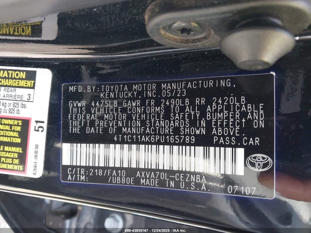 43935167 :رقم المزاد ، 4T1C11AK6PU165789 vin ، 2023 Toyota Camry Le مزاد بيع