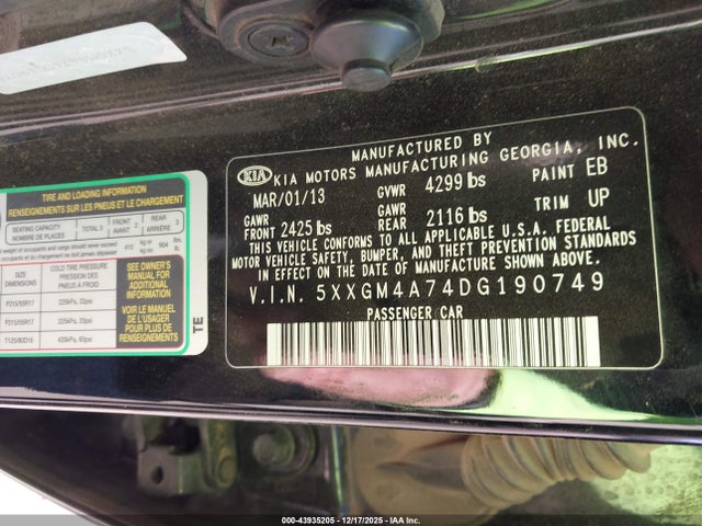 Продаж на аукціоні авто 2013 Kia Optima Lx, vin: 5XXGM4A74DG190749, номер лоту: 43935205