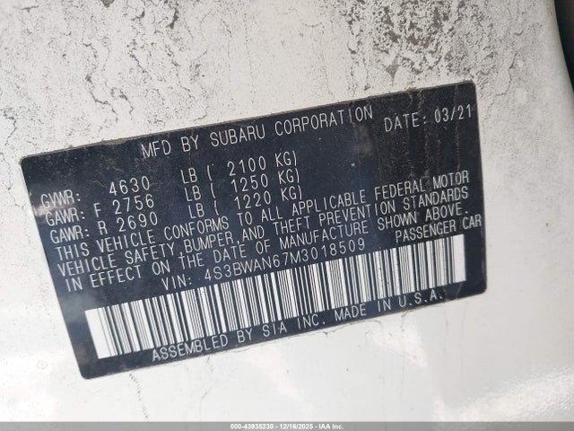 Продажа на аукционе авто 2021 Subaru Legacy Limited, vin: 4S3BWAN67M3018509, номер лота: 43935230
