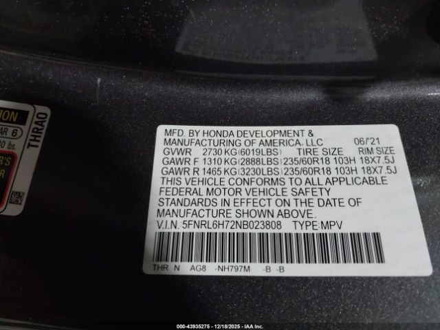 2022 HONDA ODYSSEY 5FNRL6H72NB023808 Photo 8