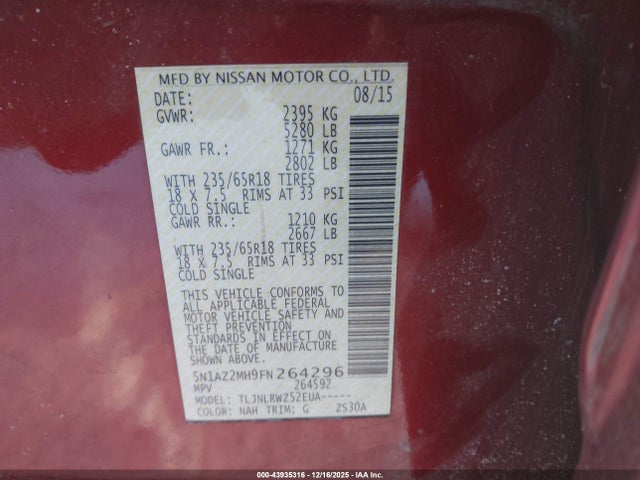 5N1AZ2MH9FN264296 Nissan MURANO SL