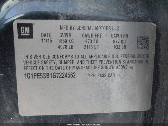 1G1PE5SB1G7224562 Chevrolet Cruze Limited 1lt Auto
