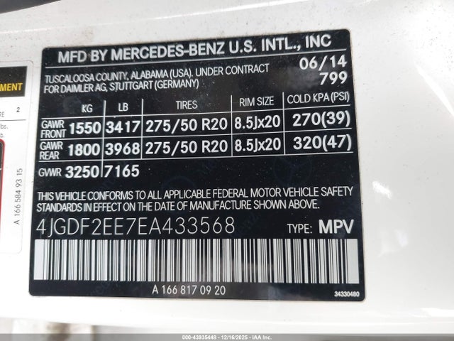 43935448 :رقم المزاد ، 4JGDF2EE7EA433568 vin ، 2014 Mercedes-benz Gl 350 Bluetec 4matic مزاد بيع