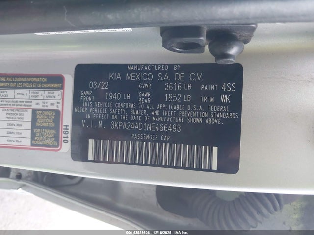 Aukcja sprzedaży 2022 Kia Rio Lx, vin: 3KPA24AD1NE466493, numer aukcji: 43935606