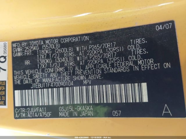 2007 TOYOTA FJ CRUISER JTEBU11F470090104 Photo 8