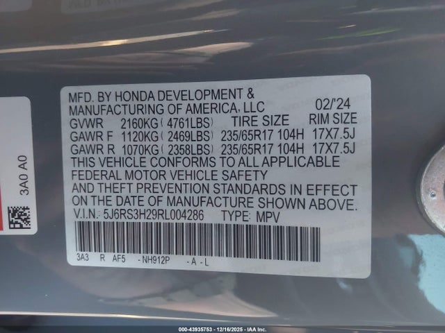 Honda Cr-v Lx 2wd 2024 5J6RS3H29RL004286 Image 9