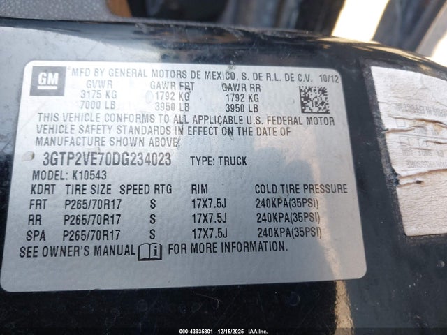 Aukcja sprzedaży 2013 Gmc Sierra 1500 Sle, vin: 3GTP2VE70DG234023, numer aukcji: 43935801