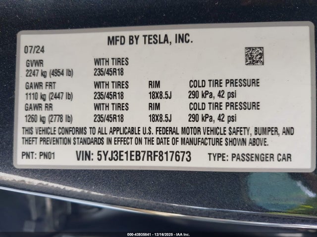 43935841 :رقم المزاد ، 5YJ3E1EB7RF817673 vin ، 2024 Tesla Model 3 Long Range Dual Motor All-wheel Drive مزاد بيع