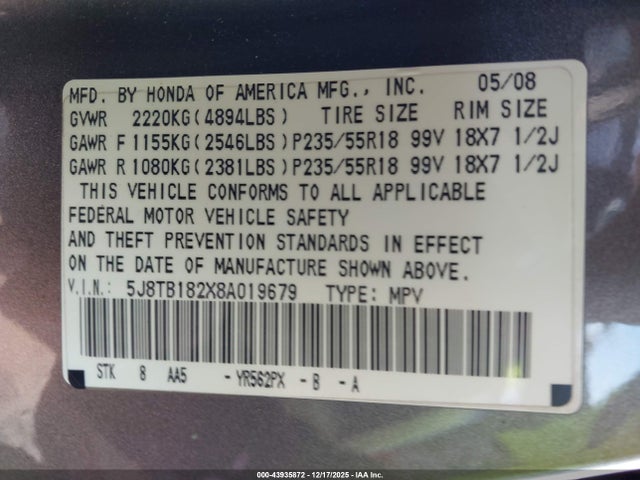 2008 ACURA RDX 5J8TB182X8A019679 Photo 8
