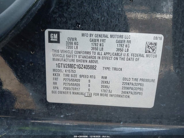 Aukcja sprzedaży 2016 Gmc Sierra 1500 Sle, vin: 1GTV2MEC1GZ405882, numer aukcji: 43935896
