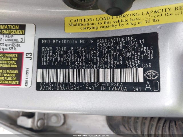 2011 Toyota Corolla S მანქანა იყიდება აუქციონზე, vin: 2T1BU4EE0BC645037, აუქციონის ნომერი: 43935917