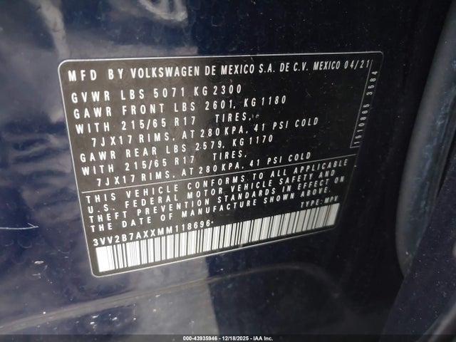 2021 Volkswagen Tiguan 2.0t Se/2.0t Se R-line Black/2.0t Sel მანქანა იყიდება აუქციონზე, vin: 3VV2B7AXXMM118696, აუქციონის ნომერი: 43935946