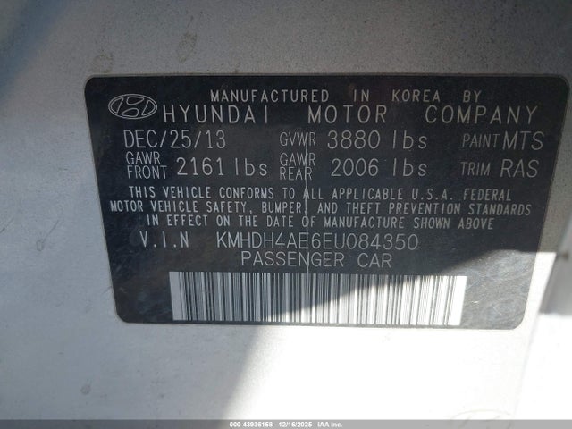 KMHDH4AE6EU084350 Hyundai ELANTRA SE